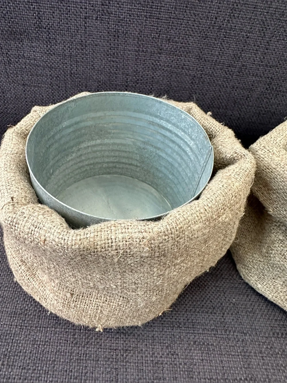Small Tin Can inside a Burlap Wrapped Metal Planter/Basket/Bin - Set of 2
